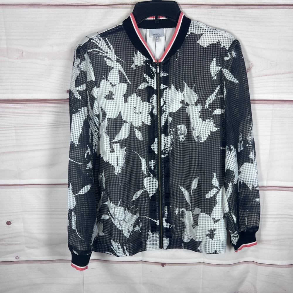 Ming Wang Bomber Jacket Women S Black White Floral Mesh Zip Front Lightweight